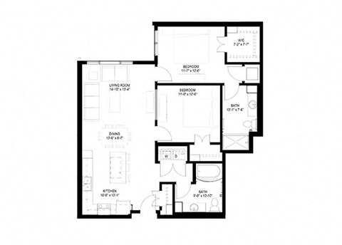 Floor plan for 2 beds, 2 baths, 1121 sqft